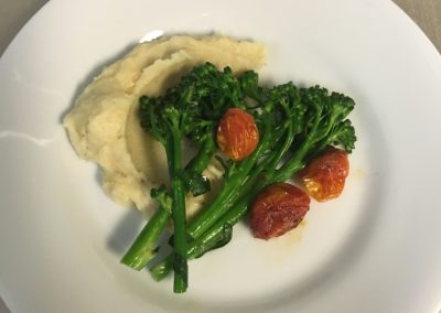Gluten Free Catering - Steamed broccolini spears with roasted cauliflower, parsnip, and Yukon gold potato mash