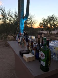 table with various drinks and bottles set in front a a saguaro cactus
